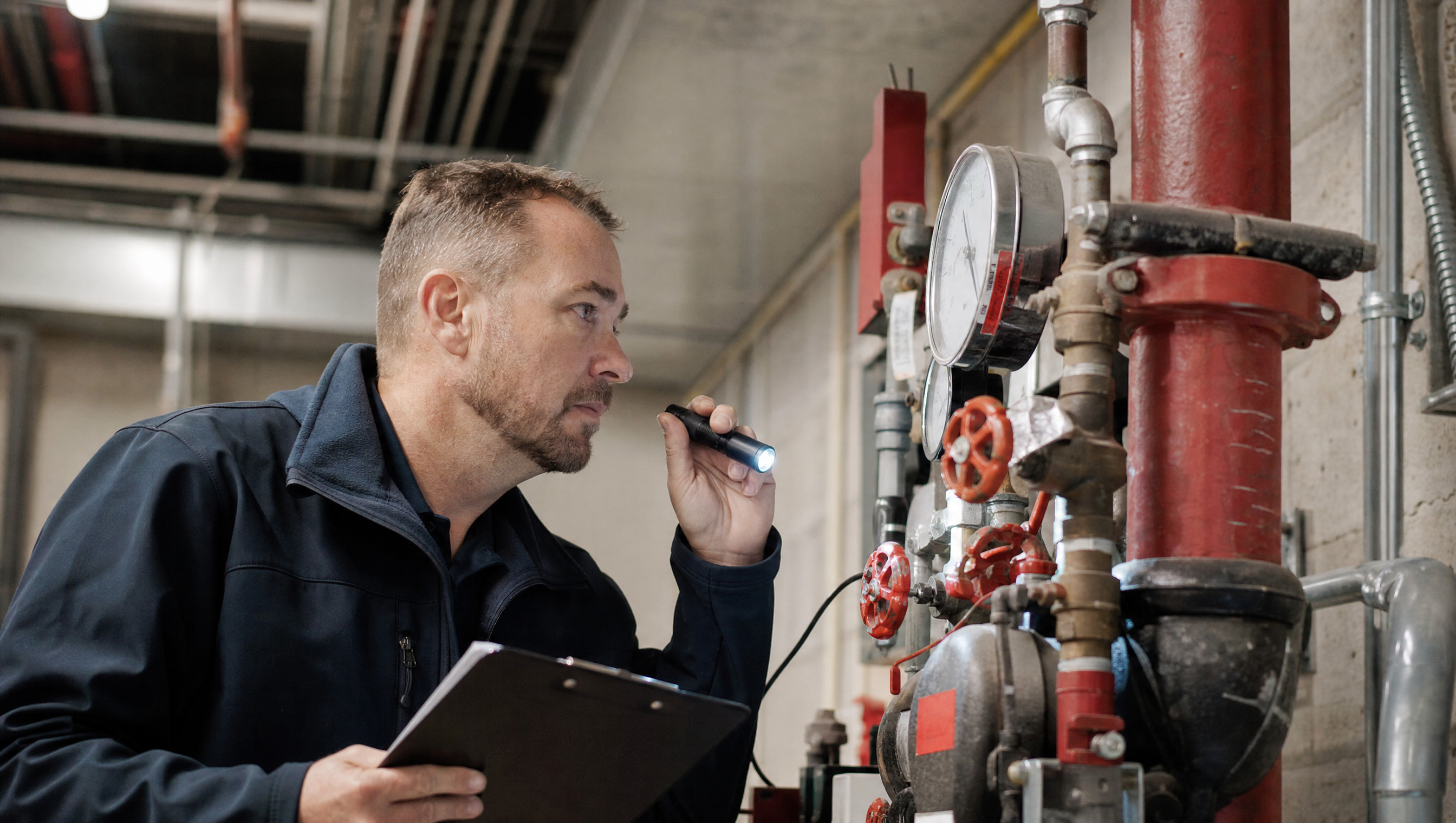 A fire protection inspector examining a wet-pipe sprinkler riser and pressure gauges with a flashlight during an annual inspection in a Centennial, CO commercial building.