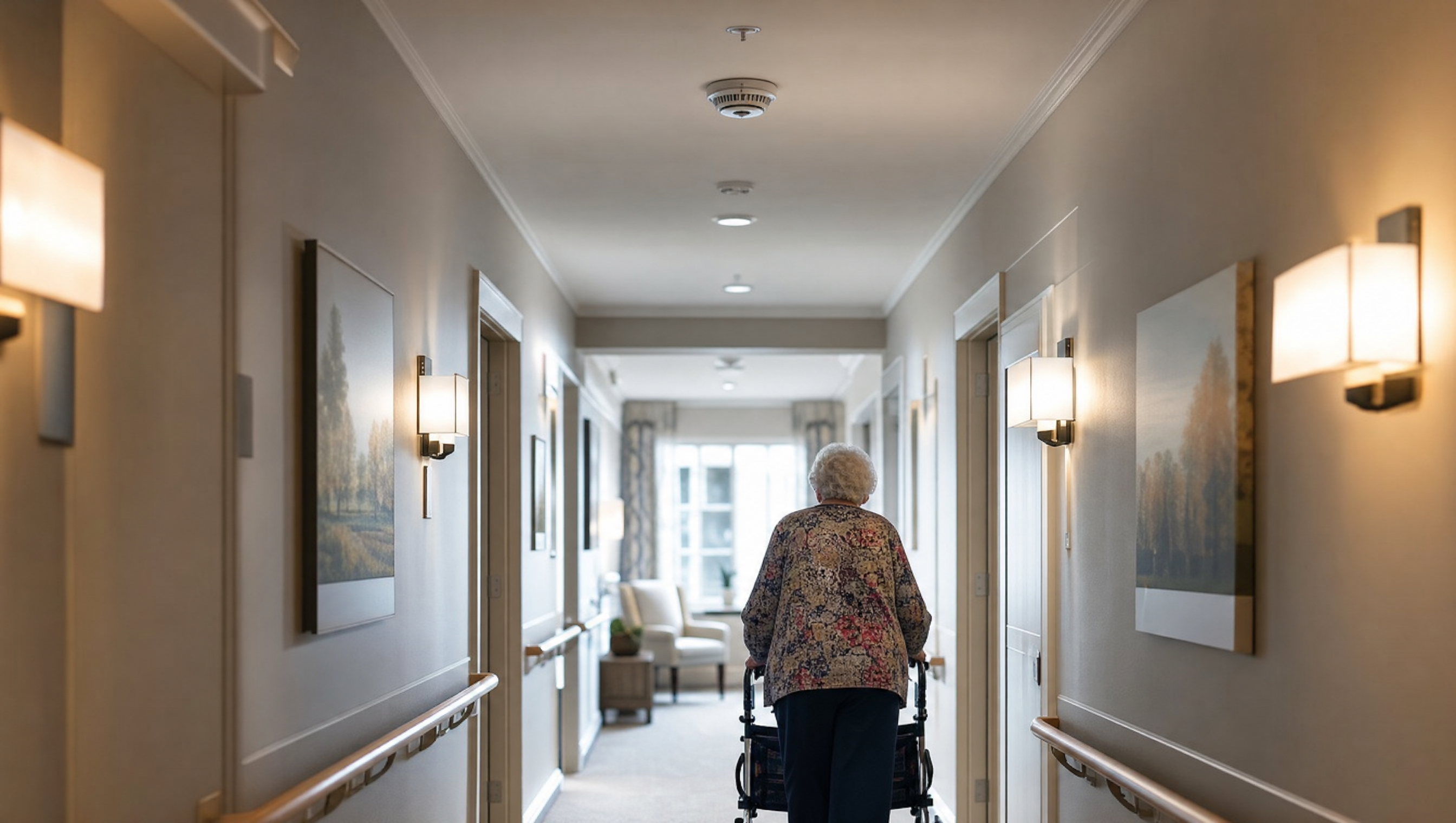 Interior corridor of a modern assisted living facility in Lakewood, Colorado with a ceiling fire sprinkler head, smoke detector, and wall handrails visible.