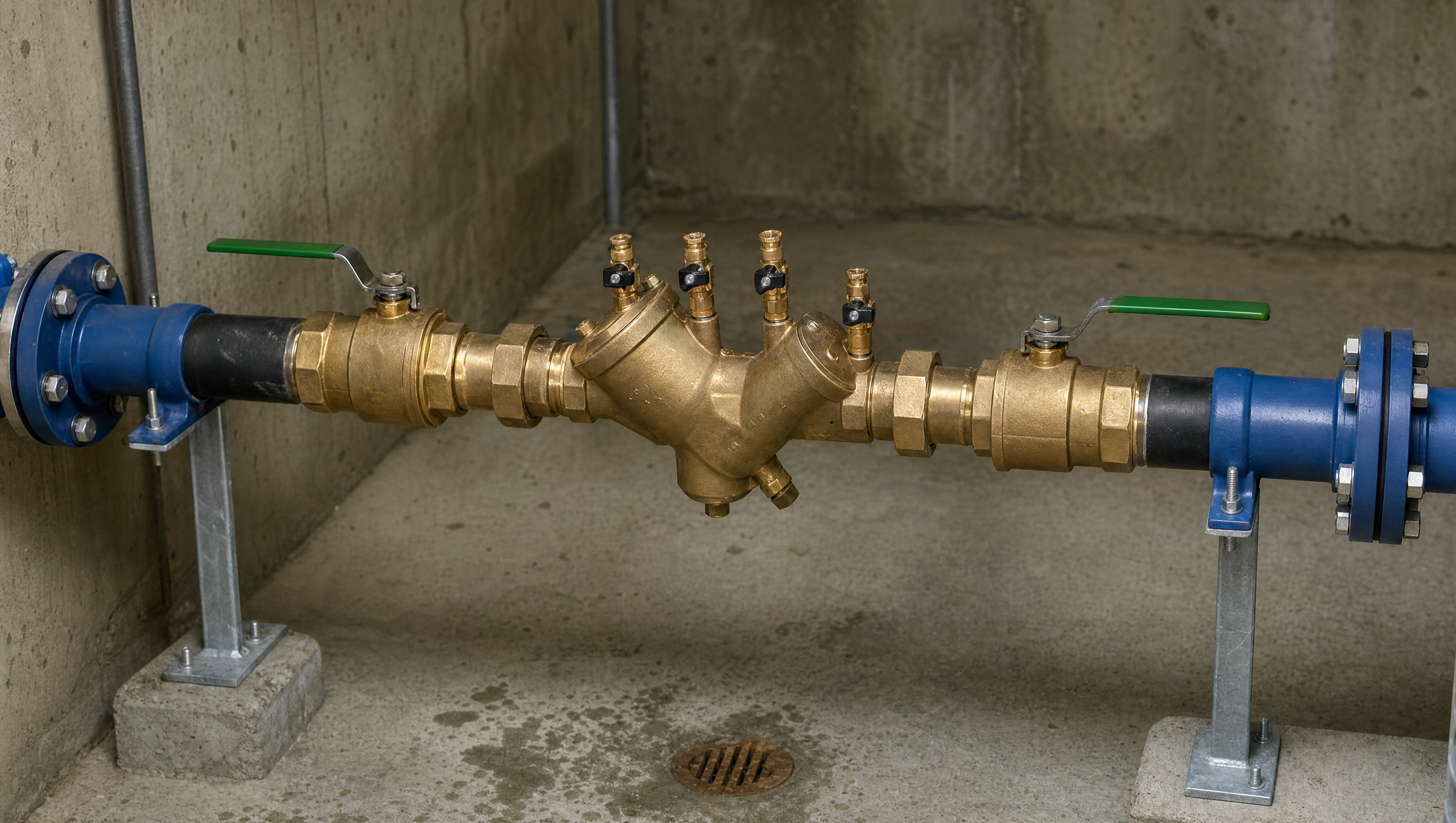 A brass backflow prevention assembly with test cocks and shutoff valves installed in a mechanical vault serving a Highlands Ranch, Colorado community.