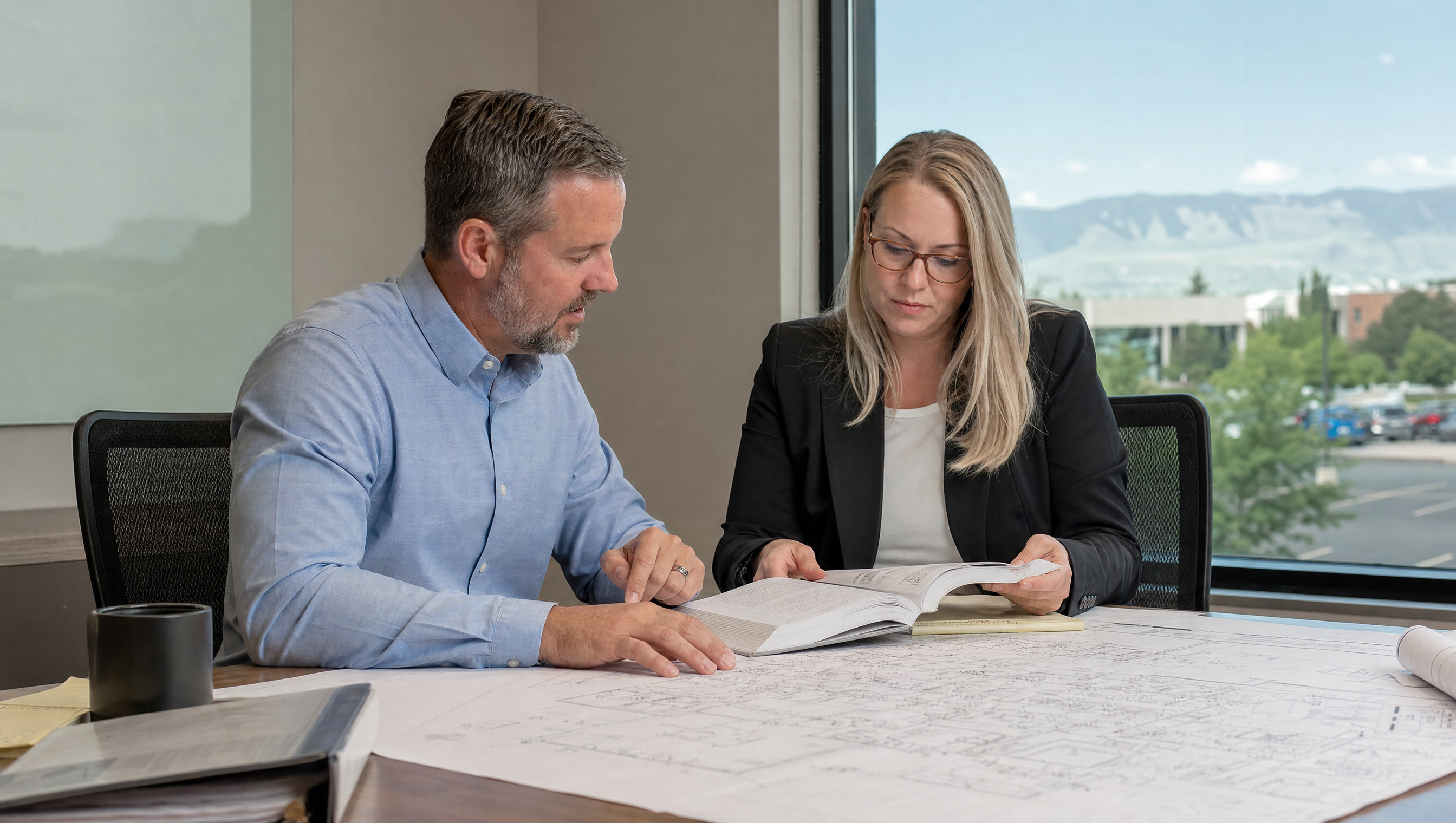 A property manager and a fire protection consultant reviewing building plans and a fire code book together at a table in a Westminster, Colorado commercial office.