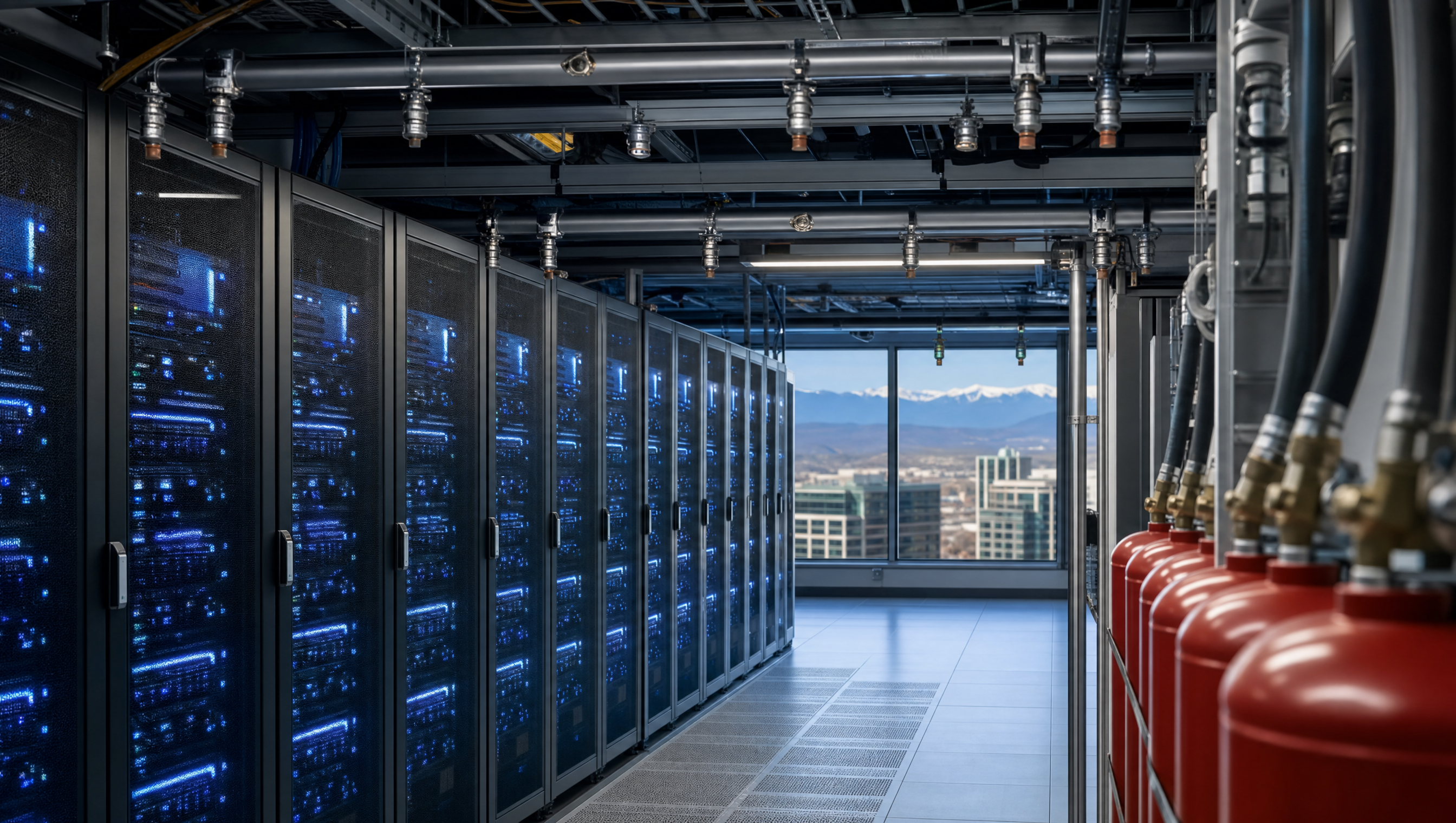 A modern data center server room with rows of glowing server racks and overhead clean-agent fire suppression nozzles and red suppression cylinders in the Denver Tech Center.