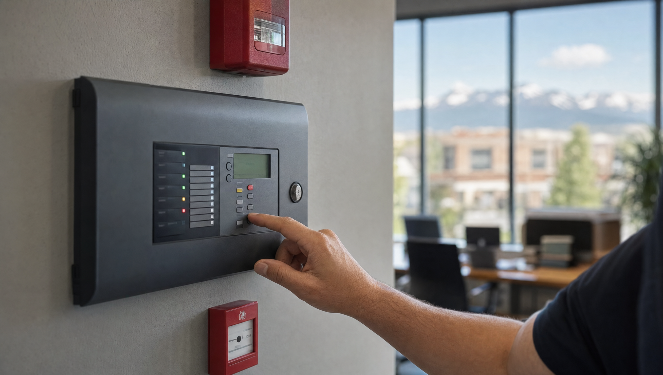A technician testing a modern fire alarm control panel with status indicator lights on the wall of a commercial office building in Aurora, Colorado.