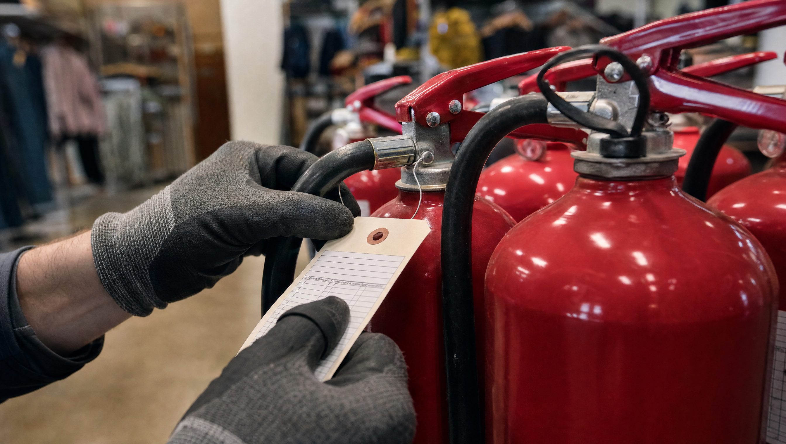 A row of red portable fire extinguishers being inspected and tagged by a technician's gloved hands in the back room of a Littleton, Colorado retail store.