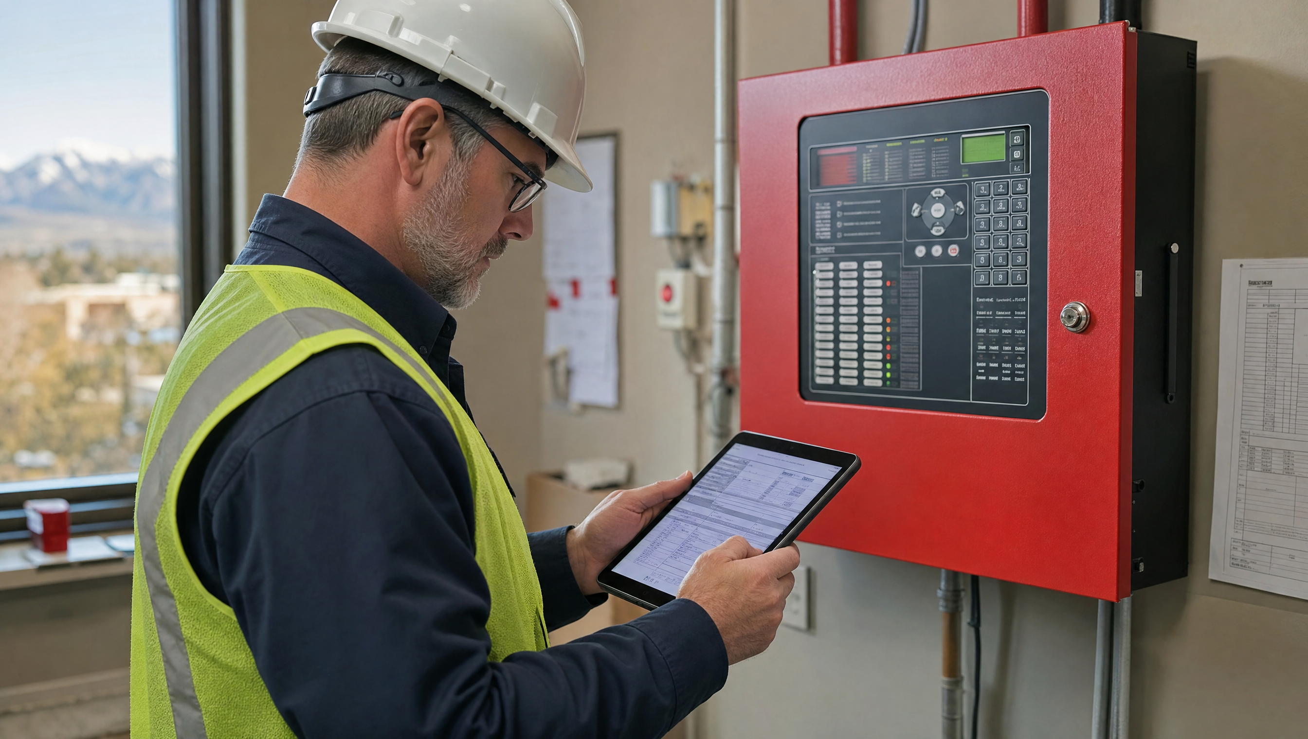 A fire protection inspector reviewing a detailed inspection report and deficiency list on a tablet beside a fire alarm panel in an Arvada, Colorado commercial building.
