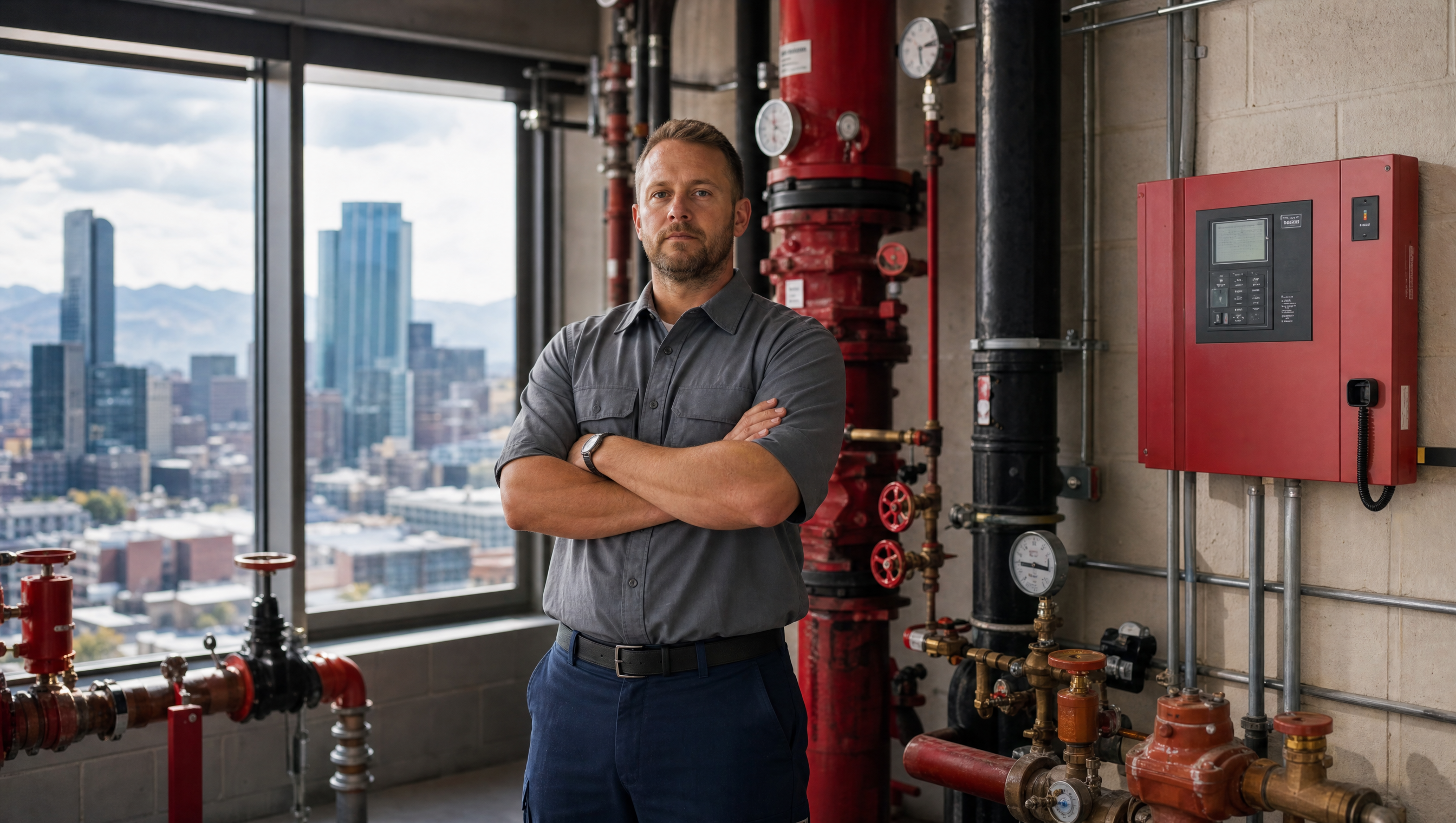 A Red Rocks Fire Protection technician standing in the mechanical room of a Denver high-rise beside a sprinkler riser, fire alarm panel, and backflow assembly.
