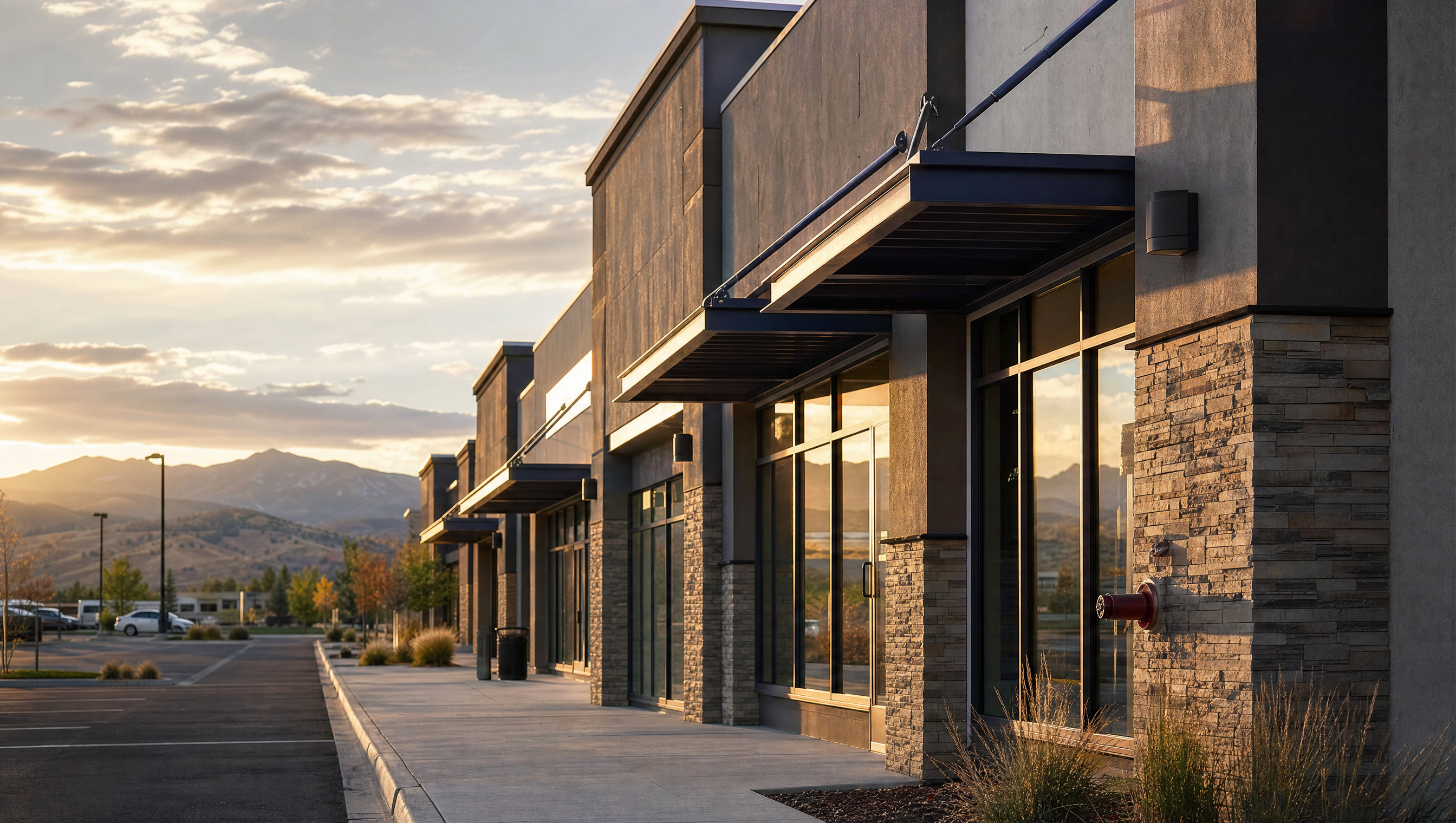 Exterior of a multi-tenant retail shopping center in Parker, Colorado at golden hour with storefronts and a fire department connection visible on the building facade.