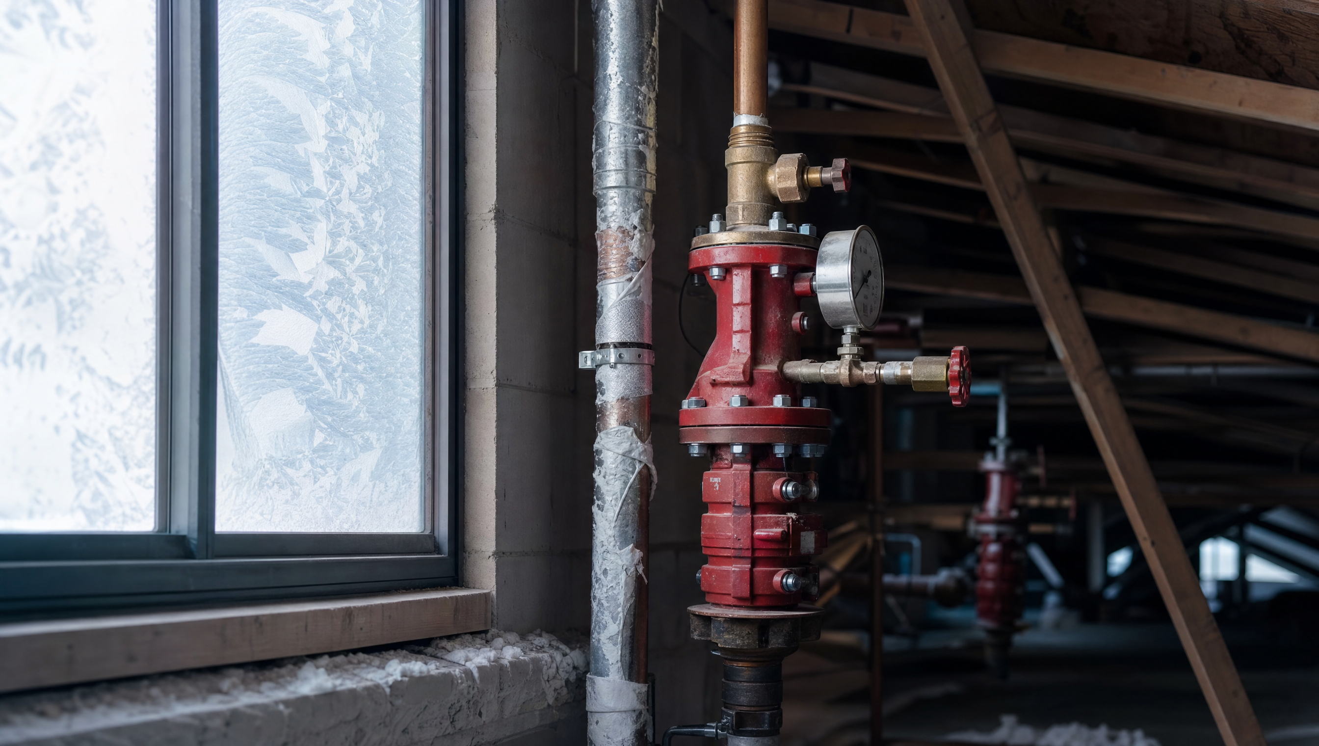Exposed fire sprinkler piping and a dry-pipe valve in a cold, unheated warehouse space in Fort Collins, Colorado during winter.