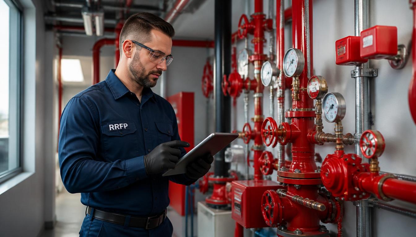 Red Rocks Fire Protection technician servicing a life-safety system
