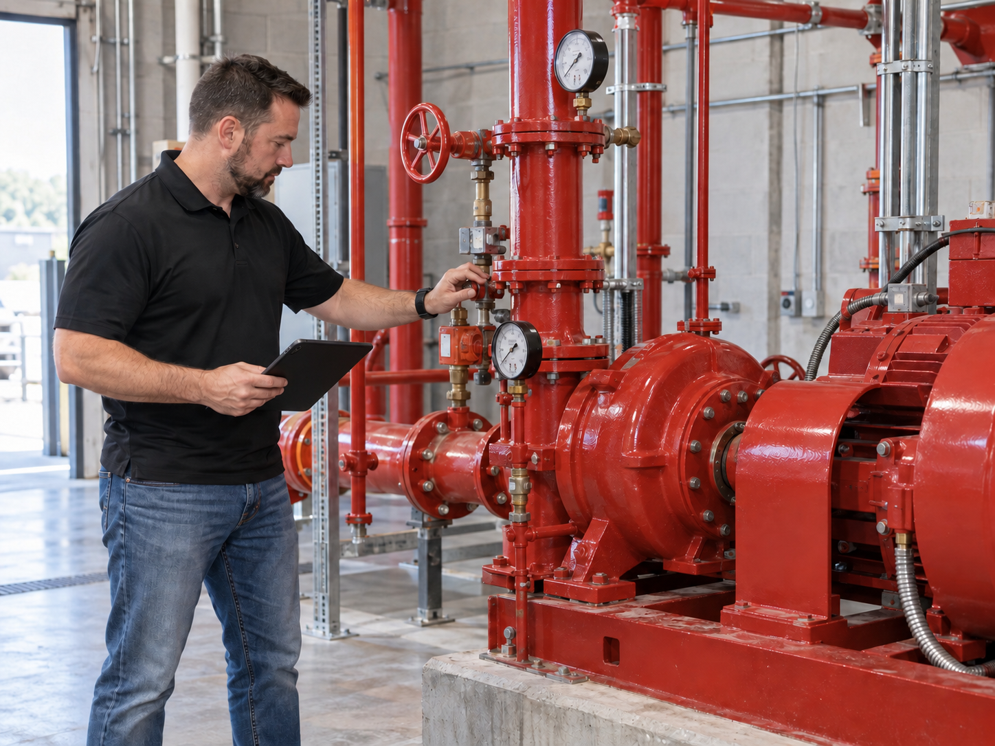 RRFPS technician servicing an industrial fire pump during an emergency response call.