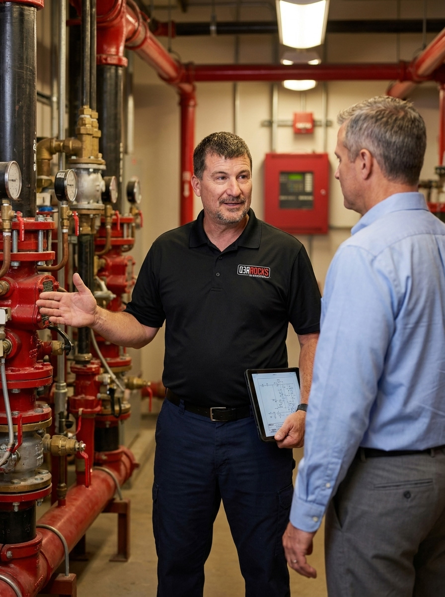 Red Rocks Fire Protection technician reviewing a fire sprinkler riser with a client