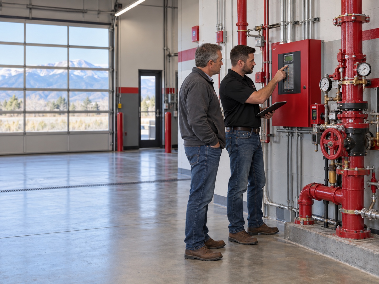 RRFPS emergency technician restoring a sprinkler system at an automotive service center.