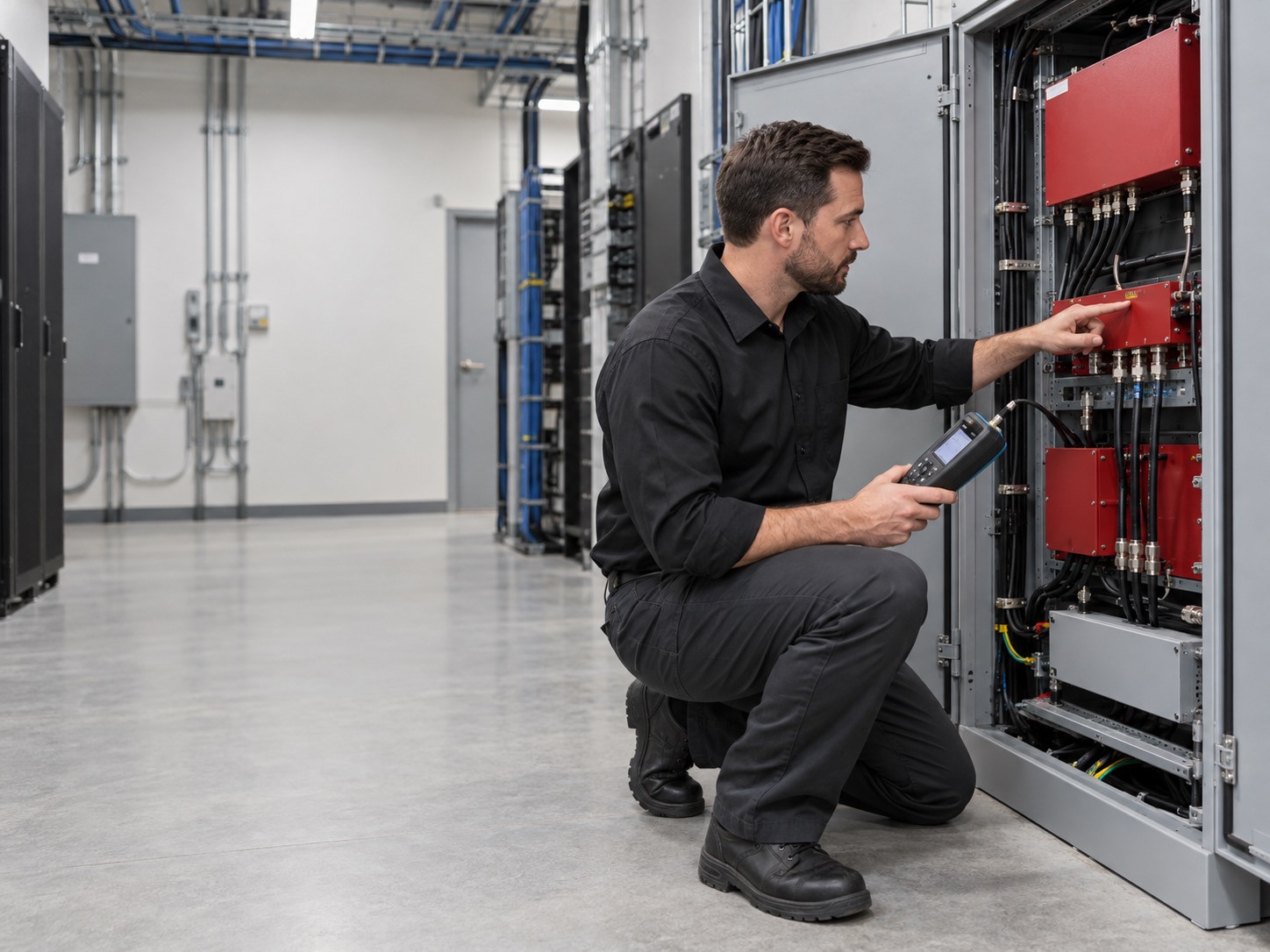 Red Rocks Fire Protection technician evaluating a BDA / DAS installation with a building engineer
