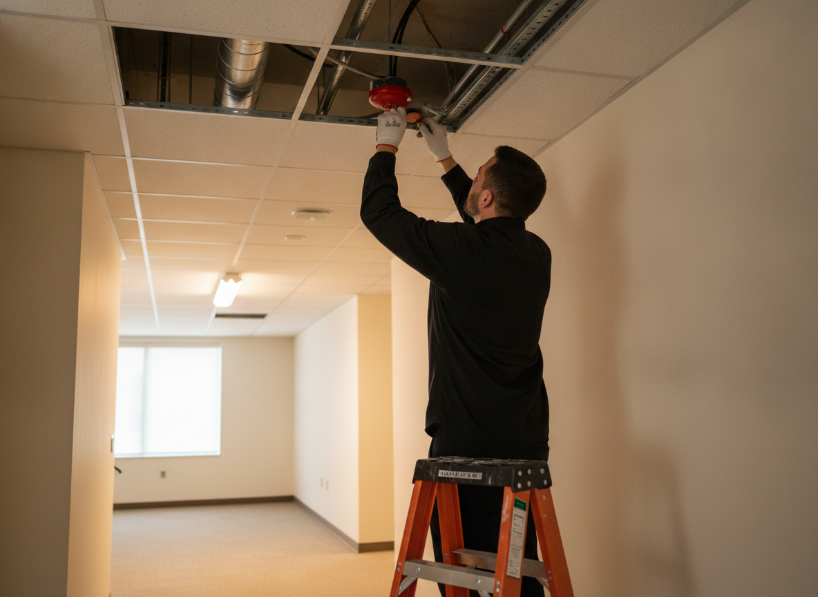 Red Rocks Fire Protection technician servicing a fire alarm system