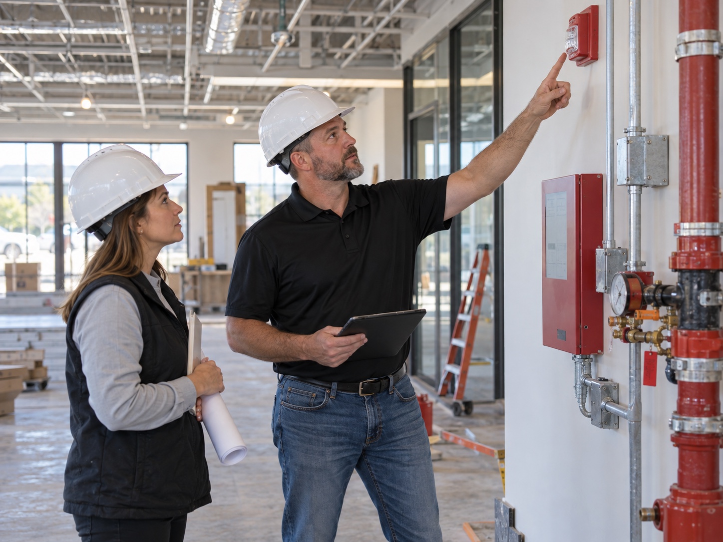 RRFPS technician evaluating an aging fire alarm system for a bank branch upgrade.