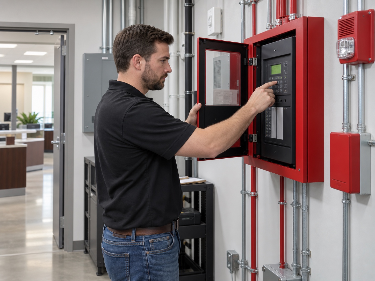 RRFPS emergency technician restoring a fire alarm system at a Colorado bank branch.