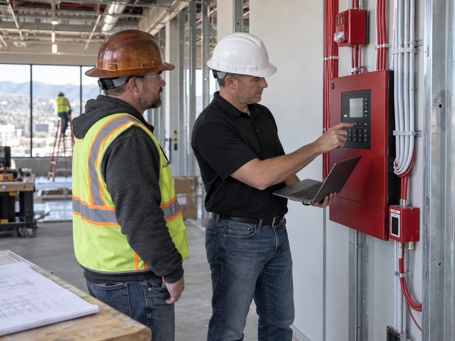 RRFPS technician programming a fire alarm panel during a tenant improvement project.