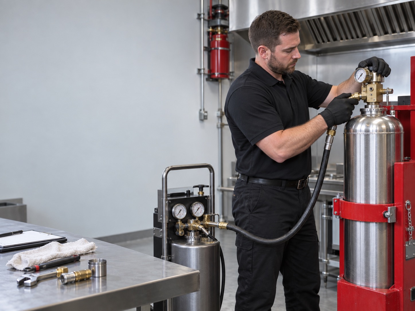 Red Rocks Fire Protection experienced kitchen hood suppression technician servicing a system