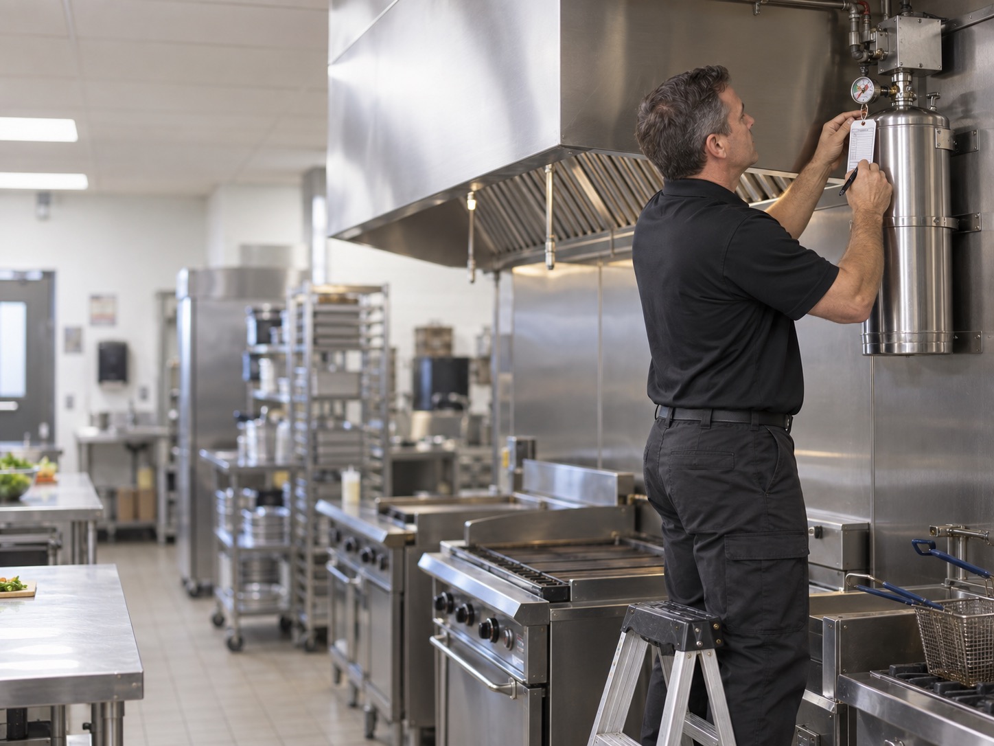 Red Rocks Fire Protection technician working alongside a kitchen manager on suppression system details
