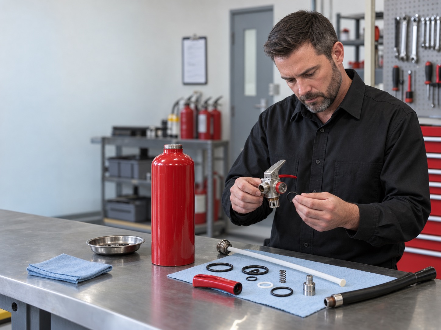 Red Rocks Fire Protection experienced extinguisher technician servicing a unit