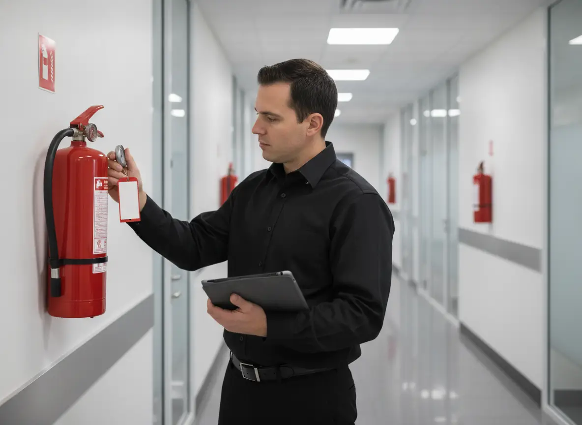 Red Rocks Fire Protection technician reviewing extinguisher inventory with a property manager