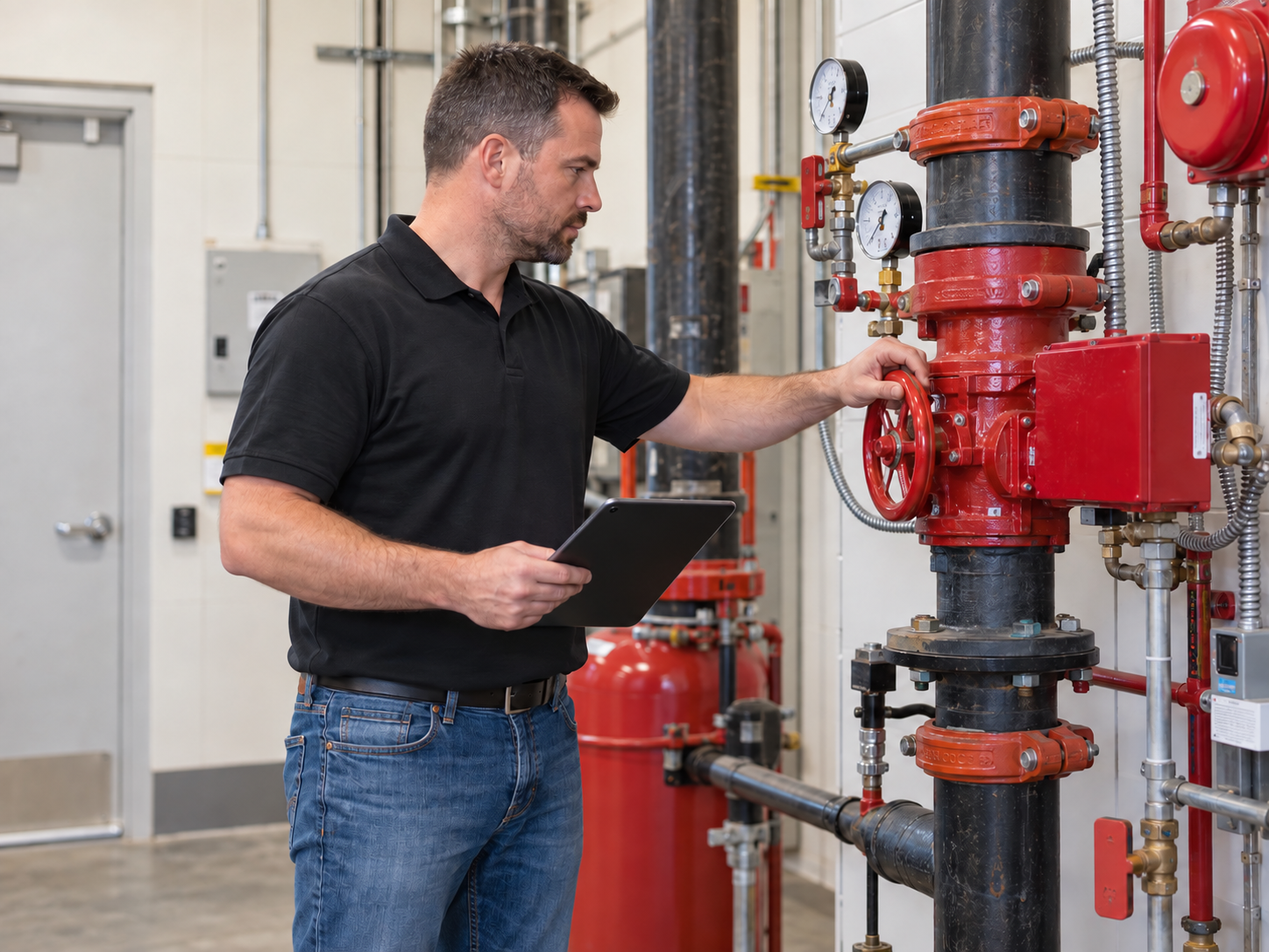 RRFPS emergency technician restoring a sprinkler system at a Colorado retail property.