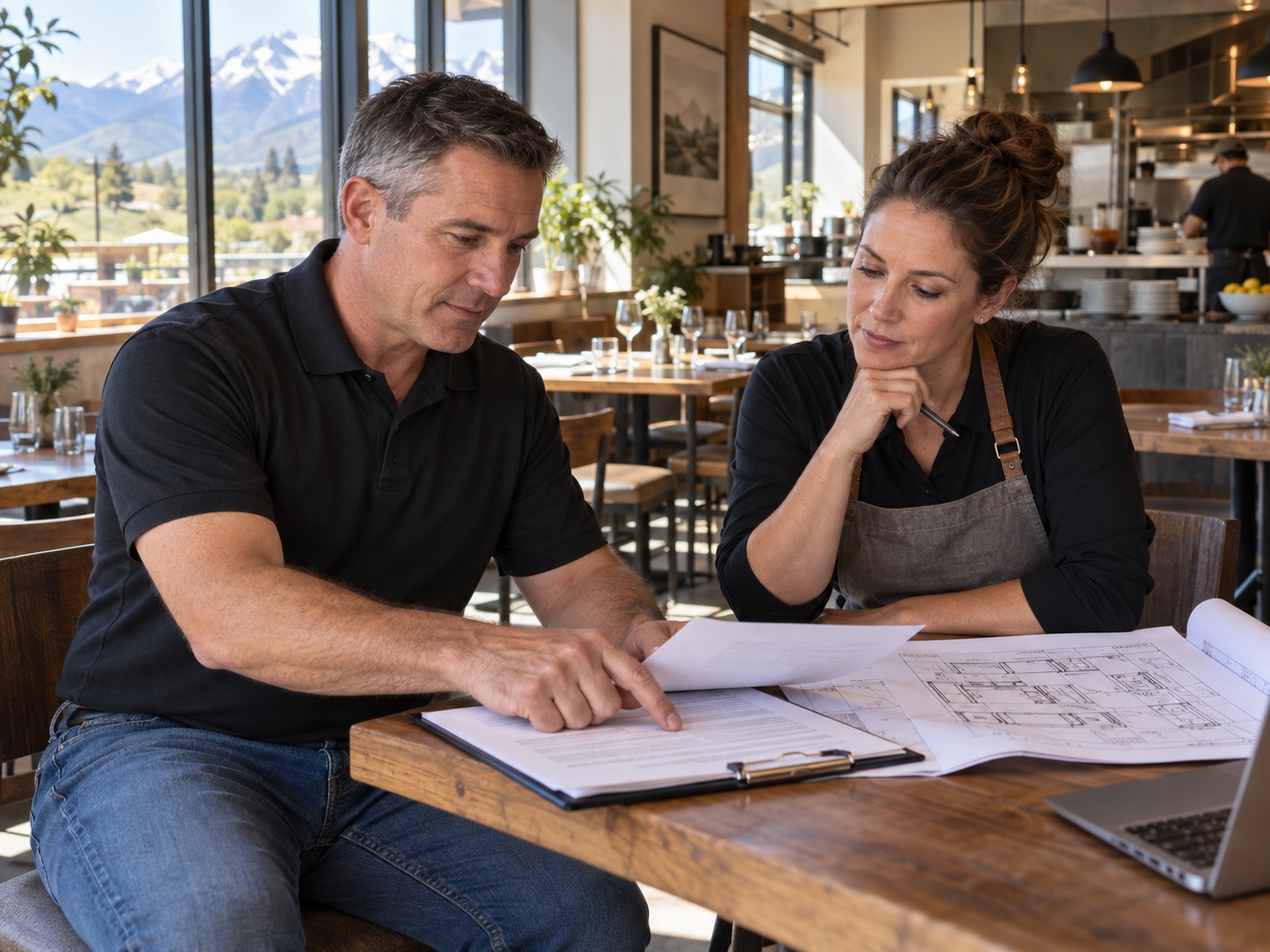 RRFPS technician reviewing compliance documentation with a restaurant operator.