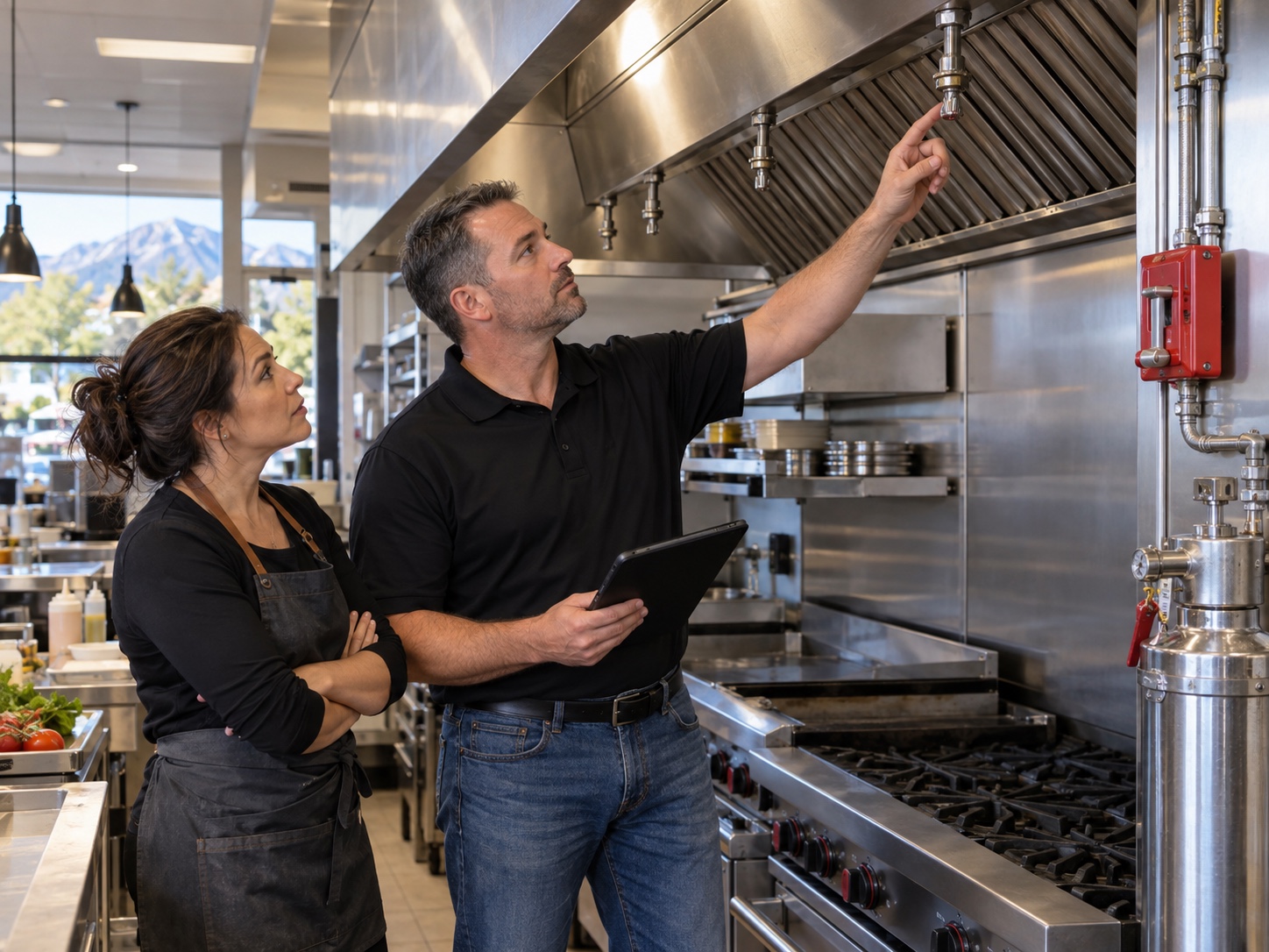 RRFPS technician servicing a kitchen hood suppression system in a Colorado restaurant.