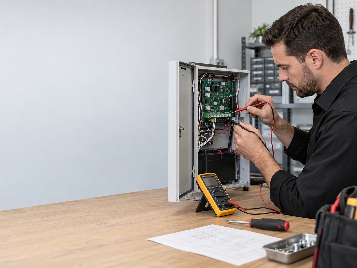 Red Rocks Fire Protection experienced security technician servicing a control panel