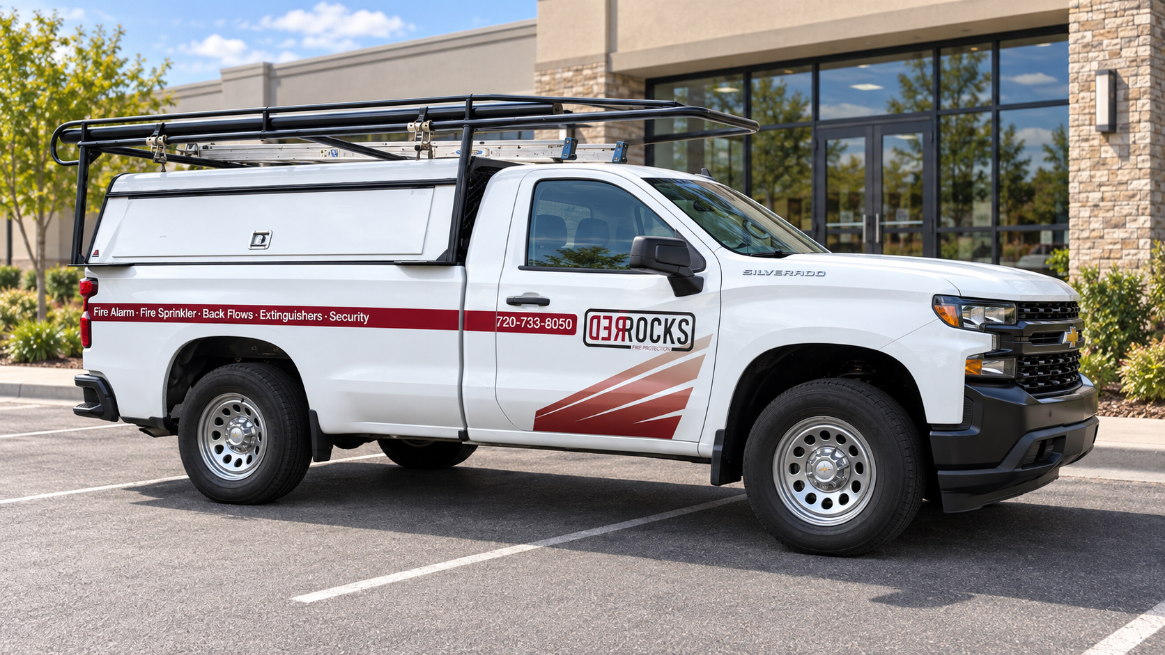 RRFPS service truck showing up on-site for a commercial property life safety service call.