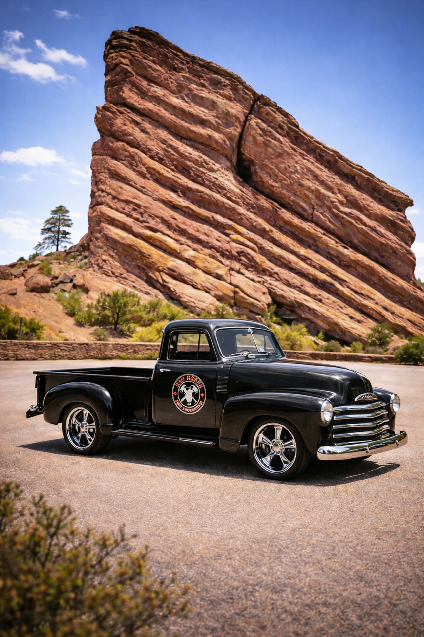 John Kakac’s classic black Chevy pickup — restored with Red Rocks Fire Protection graphics on the door, photographed in front of the Red Rocks formation in Colorado
