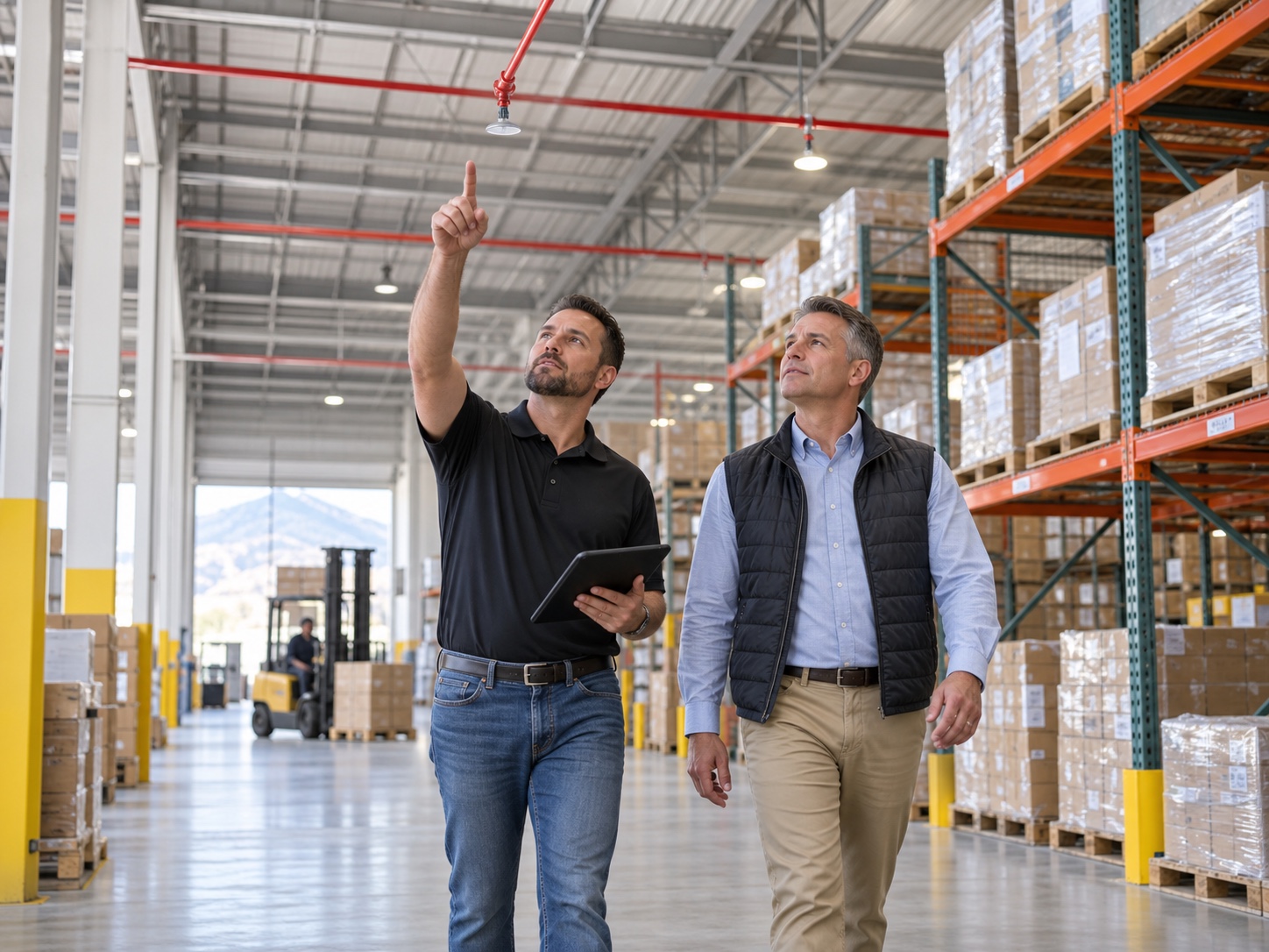 RRFPS technician servicing fire sprinkler systems in a Colorado warehouse facility.